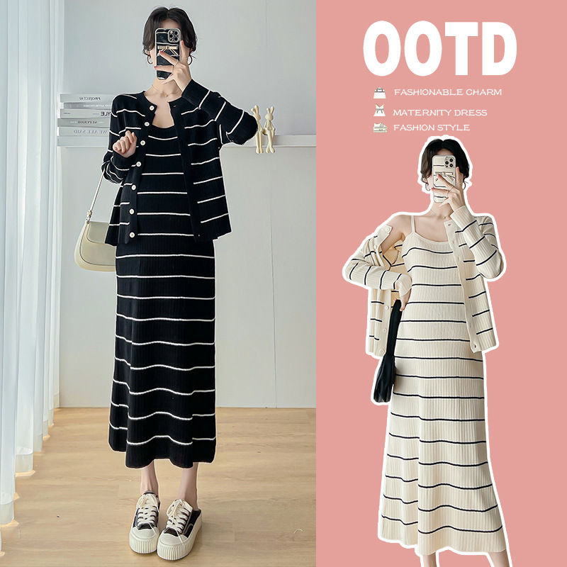 2024 Pregnant Women's Internet Celebrity Style Early Autumn Striped Cardigan Suit Dress Two-Piece Set