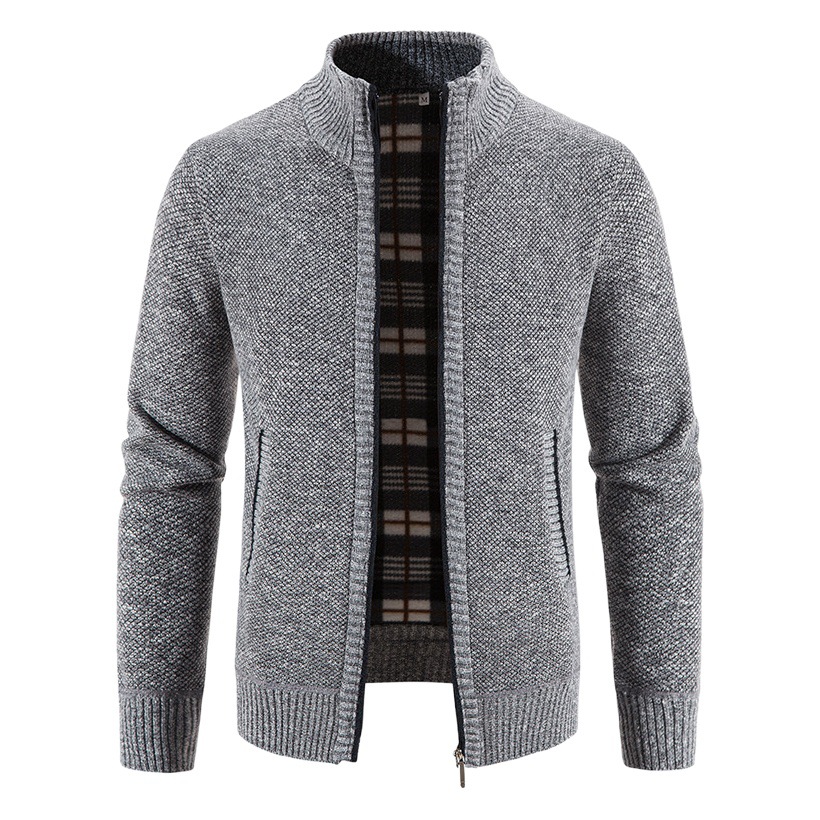 Hombres forrados de lana engrosada cuello de pie cardigan suéter comercio exterior juventud color sólido simple delgado suéter cálido abrigo de moda