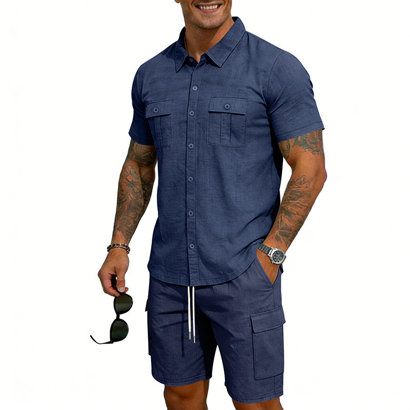 Men's Summer Linen Shirt And Work Shorts Set Casual Sports Outdoor Loose Fit Short Sleeved Collared Suit_viptrois.com