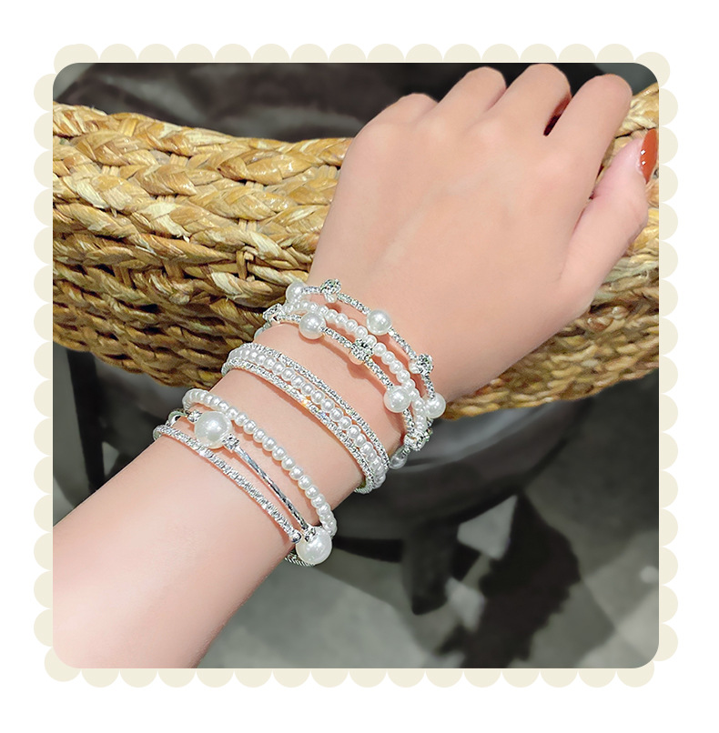 simple retro double-layer pearl rhinestone bracelet