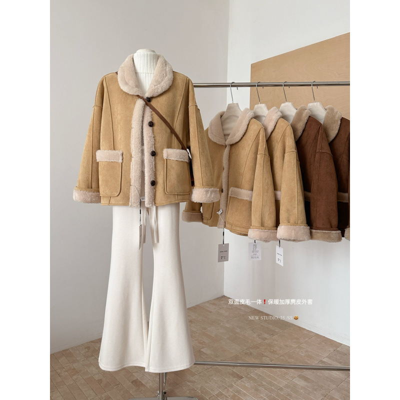 Senna Two-Wear Fur Integrated Lamb Hair Motorcycle Jacket Autumn and Winter New Loose Thickeneded Suede Fur Jacket for Women