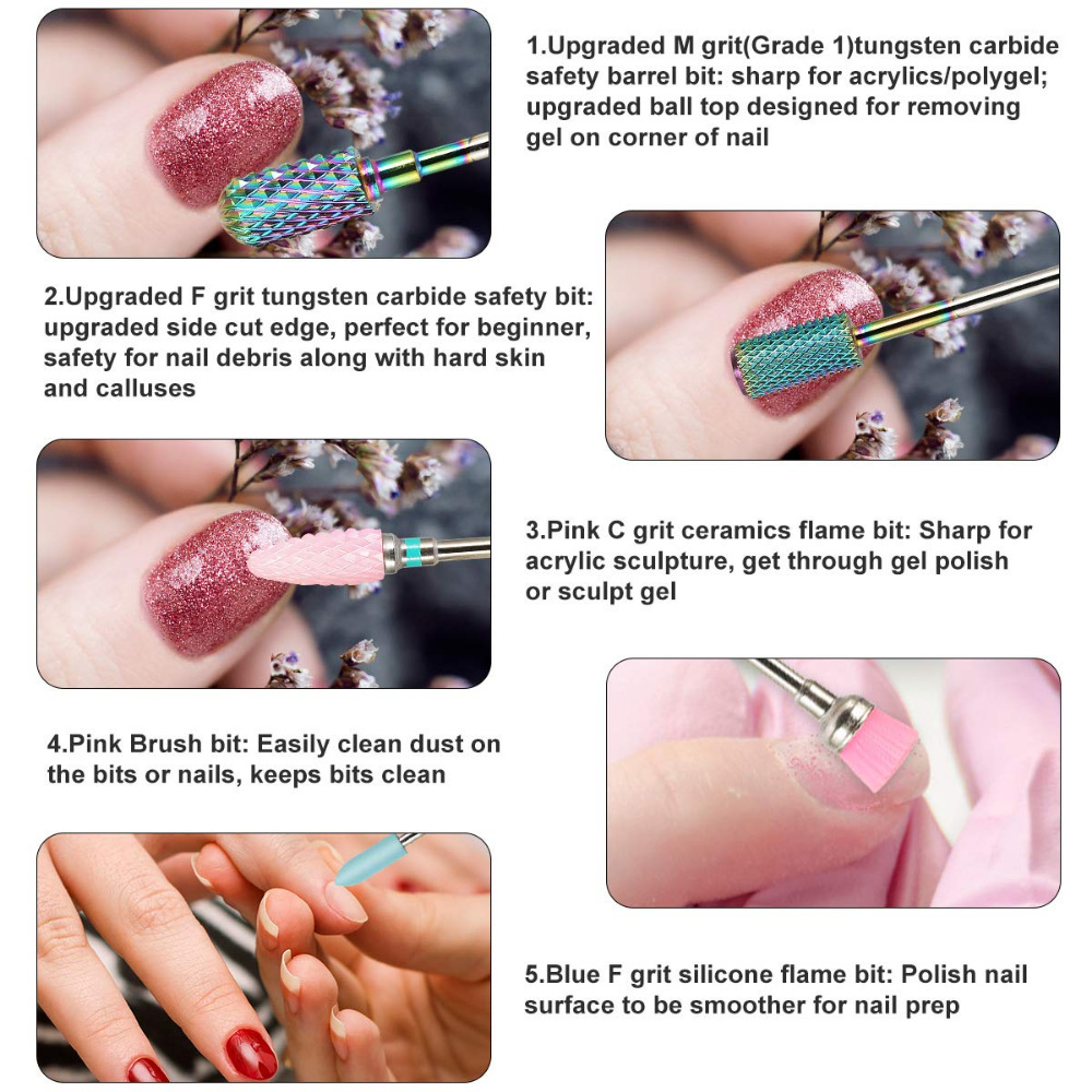 11 piezas de cerámica de colores de acero de tungsteno de uñas de esmeril pulido traje de cabeza de uñas removedor de la piel muerta cepillo de limpieza de la cabeza de molienda