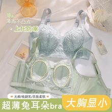 夏季超薄大胸显小蕾丝内衣女薄兔耳朵无钢圈薄款收副乳防下垂文胸