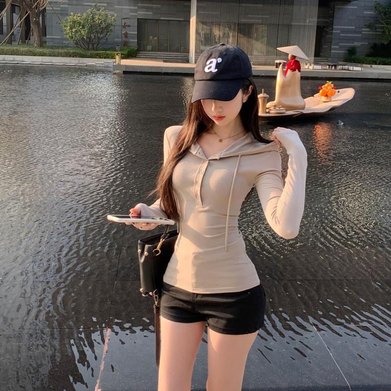 简约美式辣妹修身显身材 半开扣连帽卫衣收腰内搭长袖上衣女黑色|undefined