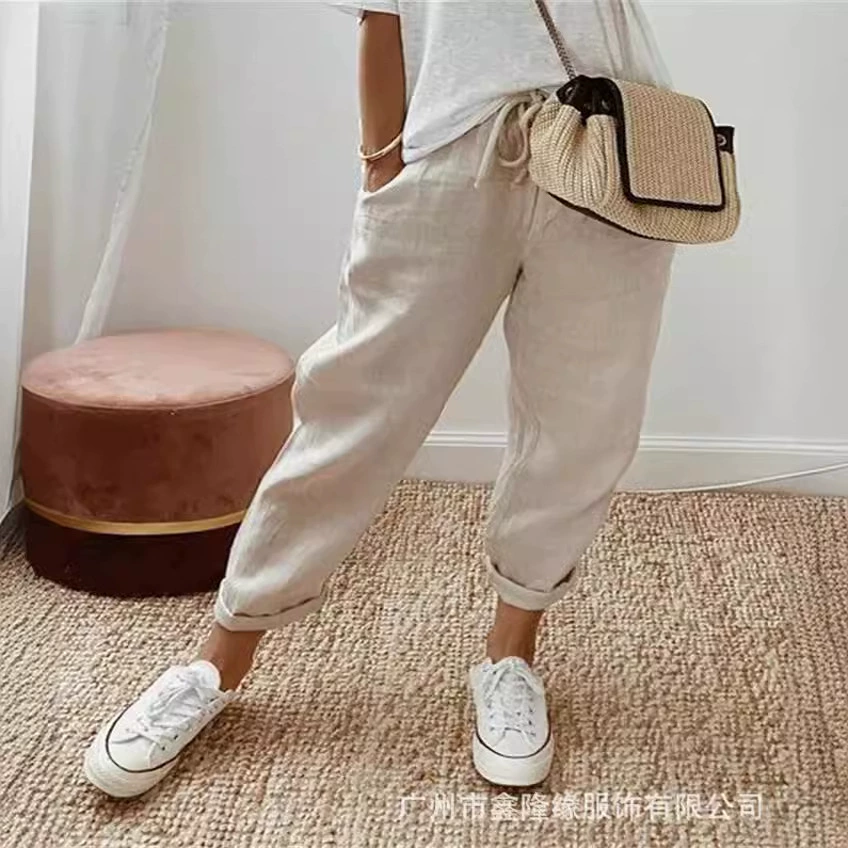 2023 трансграничные Женские однотонные брюки из хлопка и льна Amazon, независимые станции, многоцветные повседневные брюки разных размеров