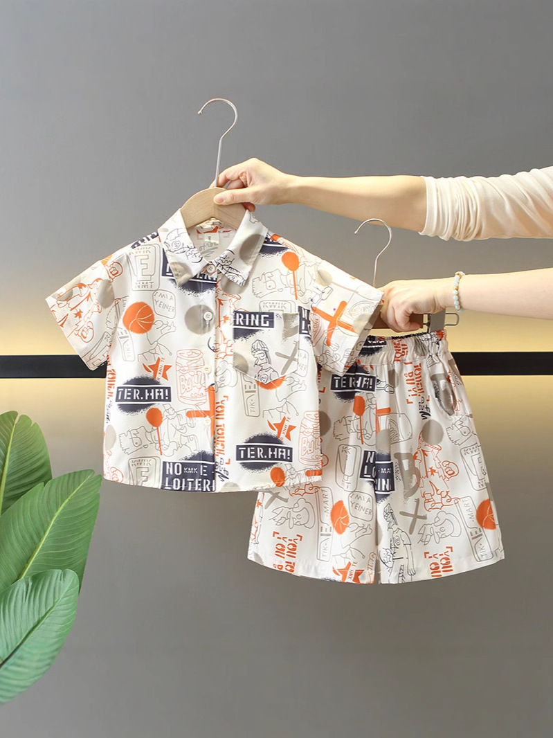 7867 Traje delgado de manga corta para niños, pantalones cortos de verano para niños, chaleco, camisa de bebé de tres piezas, ropa de verano