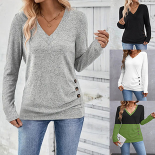 2024 cross-border Amazon autumn and winter solid color button detail knitted comfortable T-shirt plus size women commuter top