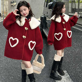 女童加绒外套秋冬款儿童冬季加厚红色呢子大衣女孩过新年拜年衣服