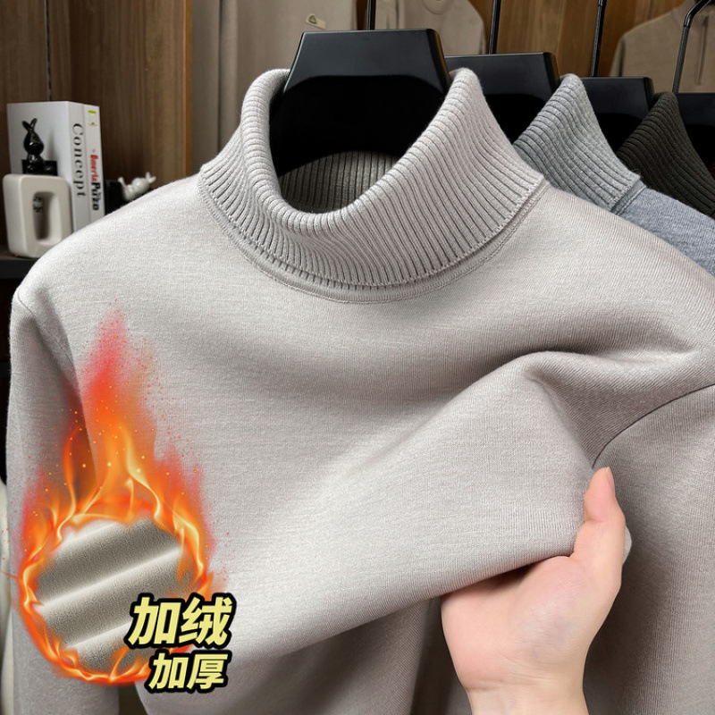 Authentic New Turtleneck Men's Knitwear Winter Solid Color Fleece Casual Thickened Warm Base Layer