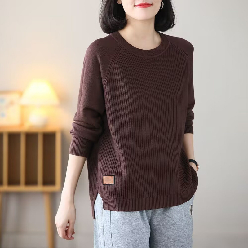 加肥加大码圆领套头款毛衣女秋冬纯色,螺纹上衣宽松型遮肚毛线衫|undefined