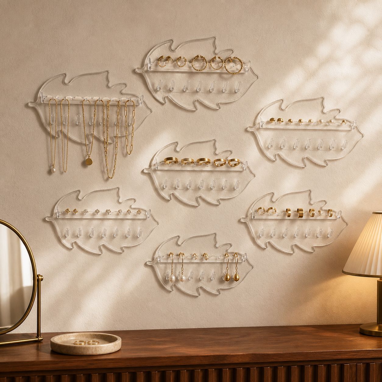 Leaf-shaped wall-mounted jewelry storage rack for necklaces, earrings, ear studs, rings, multi-purpose hanging storage rack