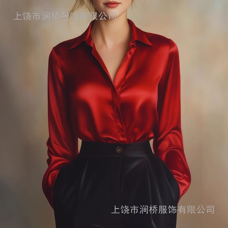 (Digital Printing) Cross-Border Stretch Satin Printed Solid Color Spring and Autumn Casual Loose Shirt European and American Women's Clothing with Buttons (Digital Printing) Cross-Border Stretch Satin Printed Solid Color Spring and Autumn Casual Loose Shirt European and American Women's Clothing with Buttons