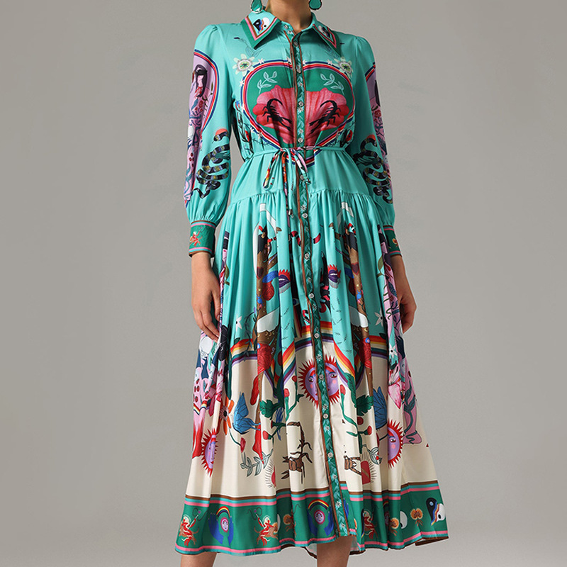 Women's Fashion Long Dress With Printed Lapel And Vintage Long Sleeves_ecoleips.com