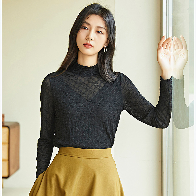 Wholesale 2024 Autumn and Winter New Slim Fit Hollow Fashion Sexy Generous Half Turtleneck Women's Bottoming Lace Shirt