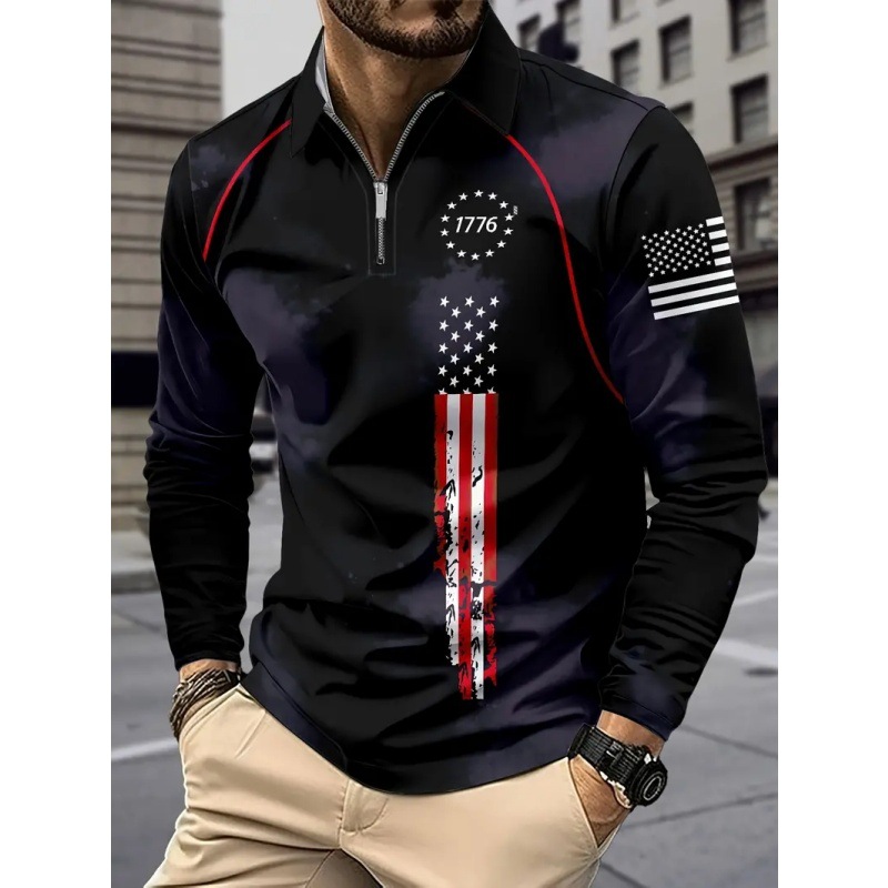 Primavera y otoño de los hombres sueltos de manga larga, solapa de hombro, cremallera, camisa POLO, top de todo fósforo, bandera de belleza clásica, impresión 3D