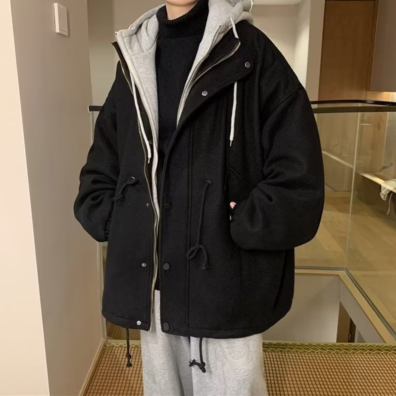 겨울 새 울 코트 남성용 트렌디 브랜드 루즈한 후드 모직 코트 소년용 중간 길이 가짜 투피스 코튼 패딩 재킷
