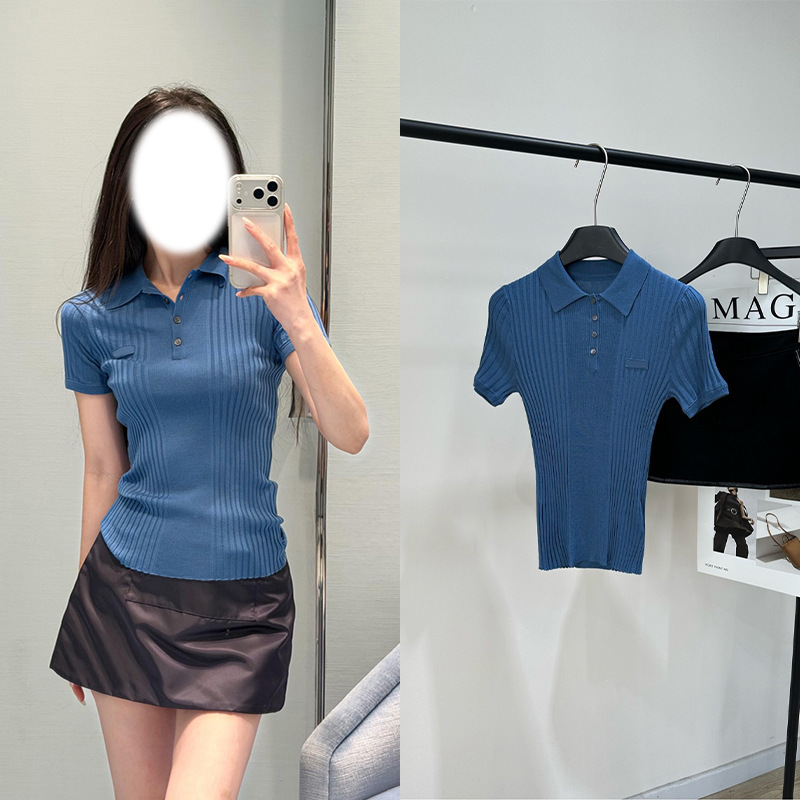 2025 Autumn and Winter Klein Blue Pit Strip Embroidered Letter Polo Knitted Short-Sleeved Slimming Look and Age-Reducing Women's Top