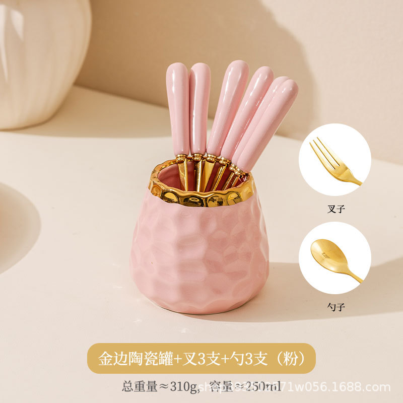 핑크 황금 가장자리 세라믹 냄비 + 포크 3 스푼 3