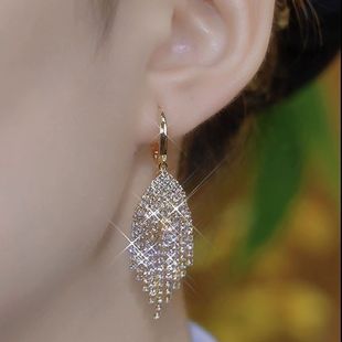 Autumn and Winter New Fashion Light Luxury Full Diamond Single-Layer Tassel Earrings Exquisite Versatile Super Shiny High-End Earrings Wholesale