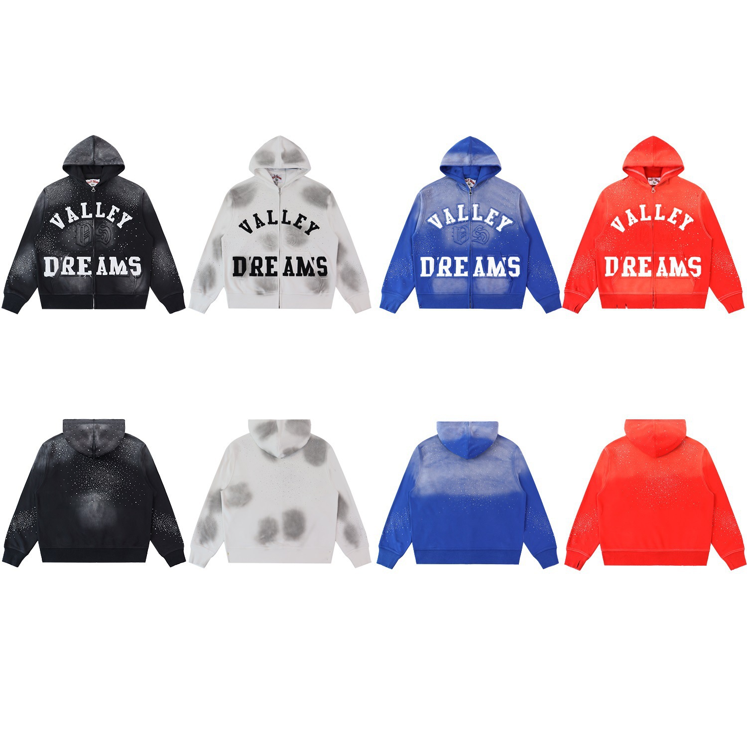 Vale Forever American High Street Heavy-Duty Washed and Distressed Gradient Rhinestone Hooded Cardigan Export Cross-Border Sweatshirt