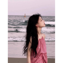 粉色露背挂脖吊带连衣裙女夏季法式纯欲收腰显瘦海边度假沙滩长裙