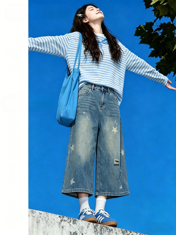 Retro Star Print Denim Shorts for Women, New Summer Style, High-Waisted, Loose Fit, Ripped, Cropped Wide-Leg Pants