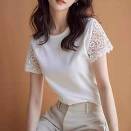 外贸白色短袖t恤女2025新款夏季设计感独特漂亮气质蕾丝拼接上衣