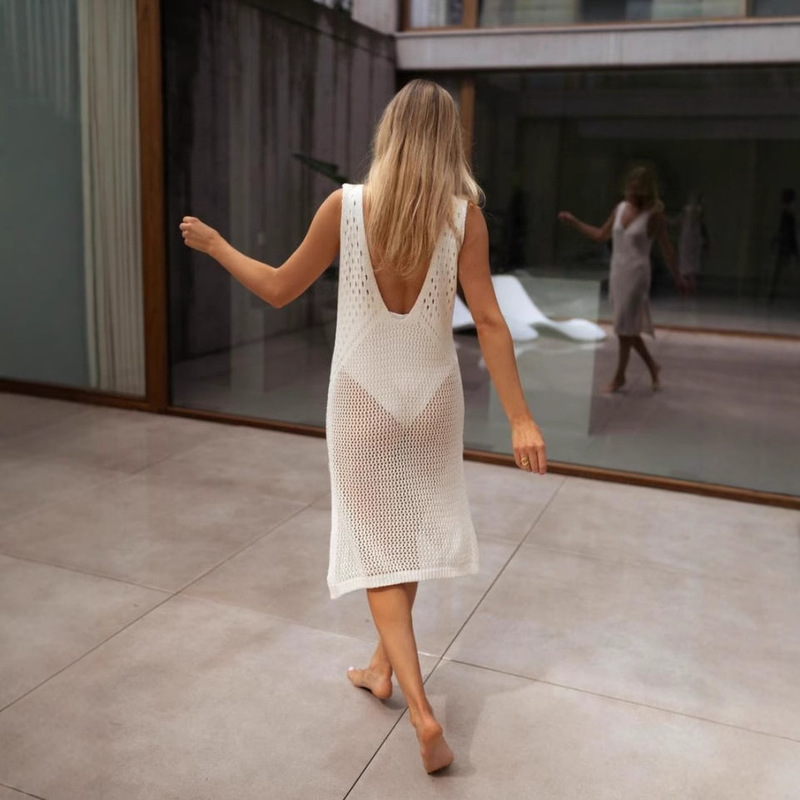 Cross-Border Hot Selling New Summer Knitted Hollow Slit White Beach Dress
