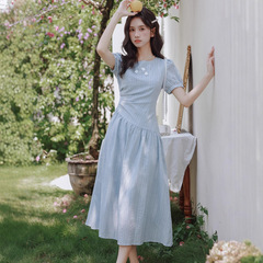 女装2025夏季十三行新款法式蓝色气质短袖连衣裙日常通勤长裙收腰