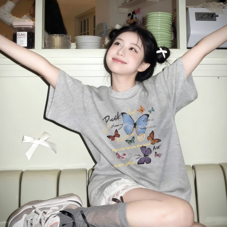 Summer New Style Gray Round Neck Pure Cotton Loose Short-Sleeved T-Shirt for Women with American-Style Butterfly Letter Design and High-End Feel