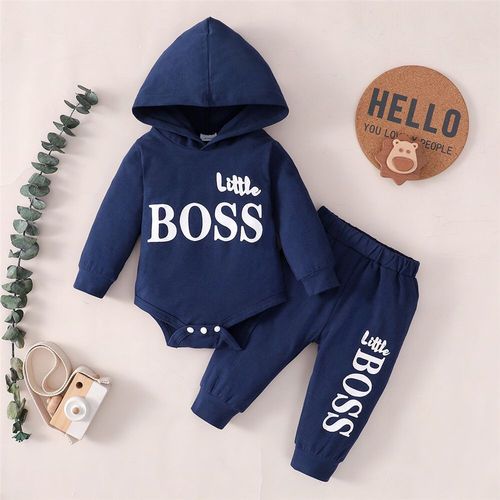 Cross-border Baby & Children's Clothing—European and American Style—New Arrivals: Boys' and Girls' Spring/Fall Letter-Printed Hooded Solid-Color Two-Piece Sets