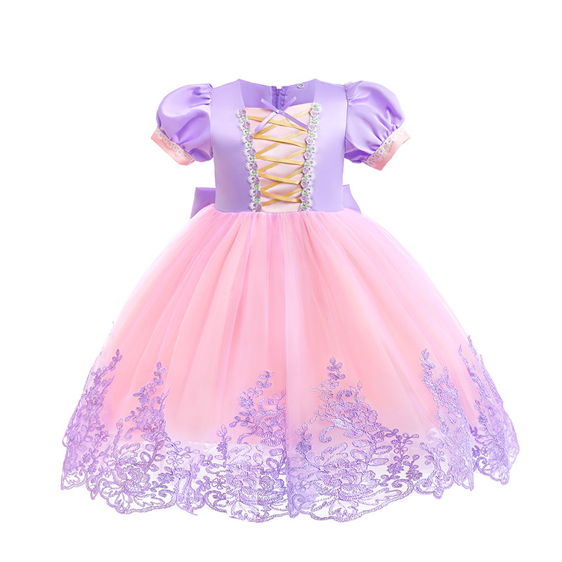 Niñas Pelo Largo princesa mullido vestido malla encaje costura arco vestido