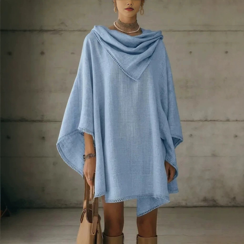 2026 Loose Linen Blend Cape Blouse Bohemian Style Ruched Collar Batwing Sleeve Loose Dress 2026 Loose Linen Blend Cape Blouse Bohemian Style Ruched Collar Batwing Sleeve Loose Dress