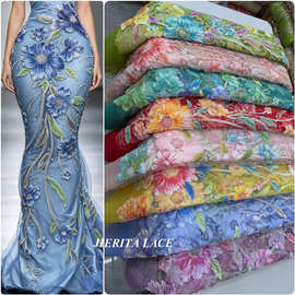 喜庆立体花刺绣盘带绣珠管亮片绣面料中国风礼服婚纱外贸布料lace