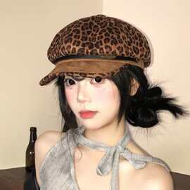 千禧辣妹风豹纹贝雷帽女美式复古八角帽大头围显脸小报童画家帽子