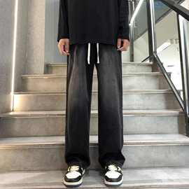美式高街渐变牛仔裤男款秋冬加绒潮牌vibe裤子男宽松直筒百搭长裤