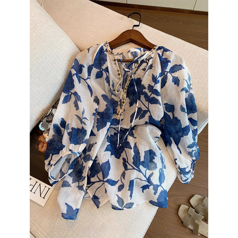 Blue Printed Lace-Up V-Neck Beaded Shirt for Women Summer New High-End Elegant Sun Protection Thin Linen Top
