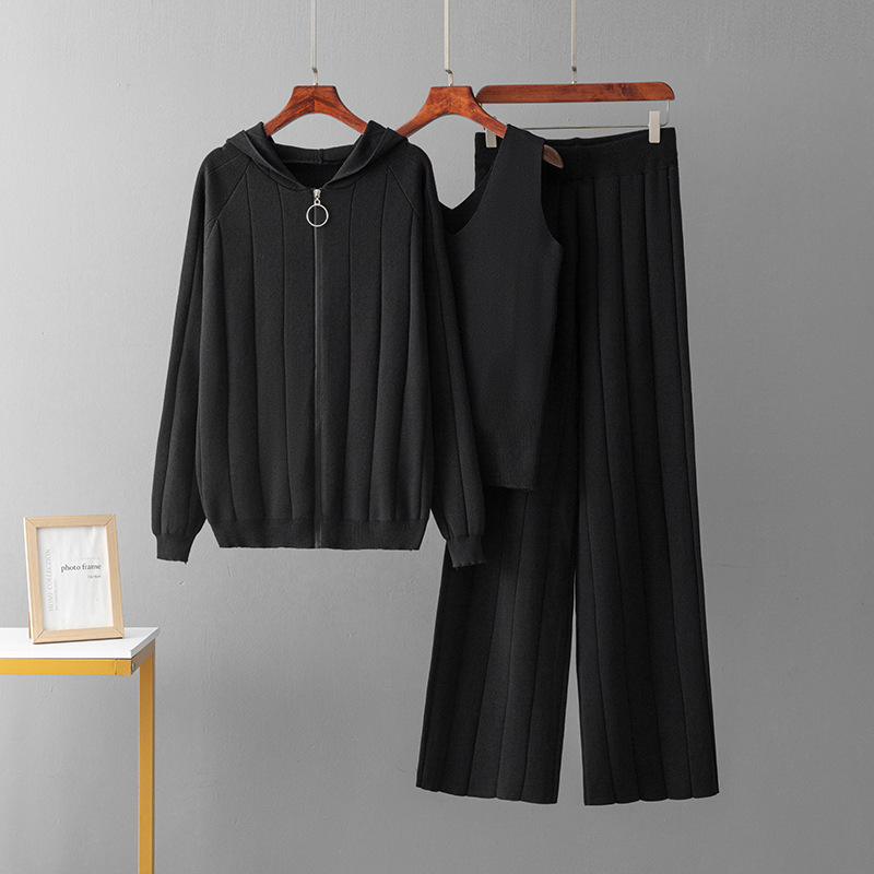 Damenbekleidung Frühling und Herbst Neue Wollmode Top + Weste + Freizeithose Set Gestrickter Sport Dreiteiliger Anzug_voghion.com