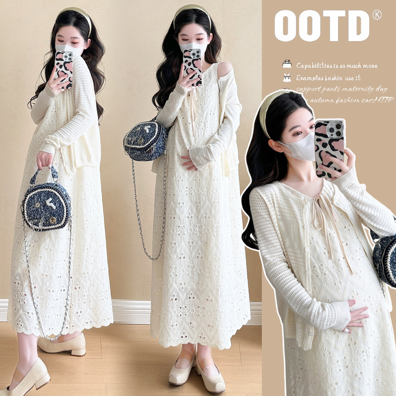 Maternity dress Spring and Summer New Fashionable Western-style Hollow-out Embroidered Vest Skirt Sunscreen Shirt Two-piece Long Skirt Maternity dress Spring and Summer New Fashionable Western-style Hollow-out Embroidered Vest Skirt Sunscreen Shirt Two-piece Long Skirt