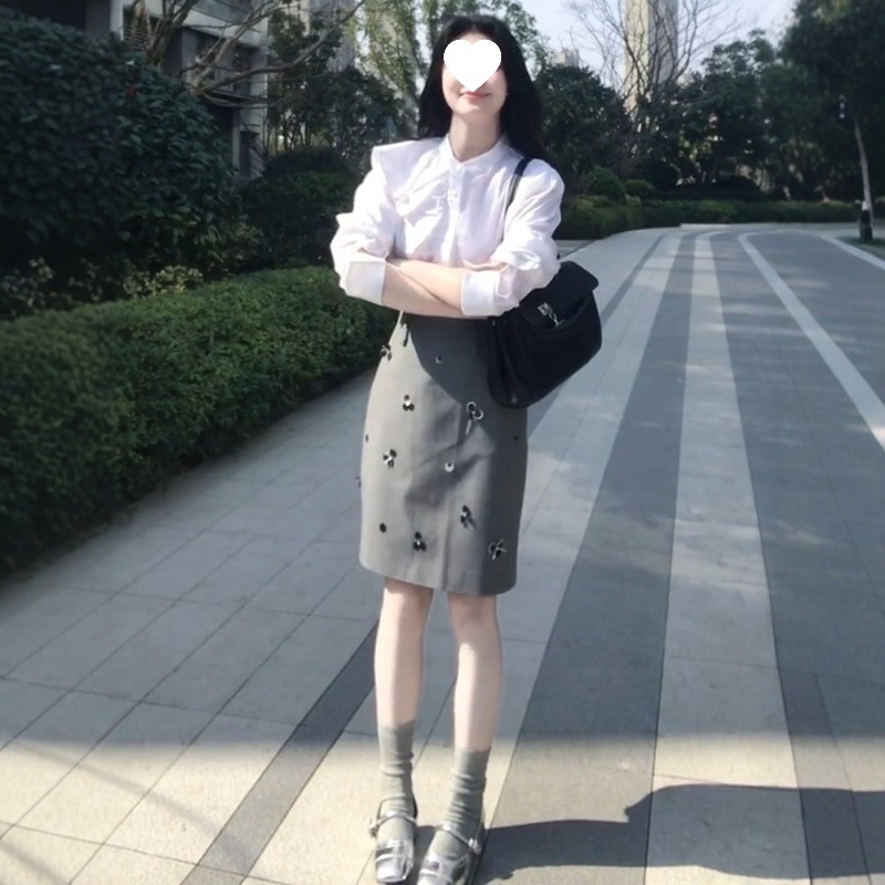 跨境灰色钉珠亮片西装半身裙女夏季直筒裙气质修身裙子轻奢通勤短|undefined