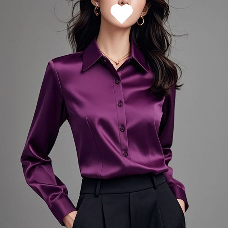 秋季新款高级感职业缎面紫色衬衫女长袖正装时尚通勤气质衬衣白色|undefined