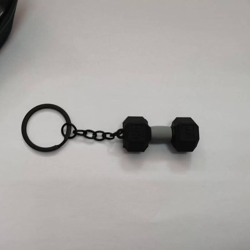 PVC soft glue key chain fitness equipment dumbbell key ring car bag 3D black cross border new key chain
