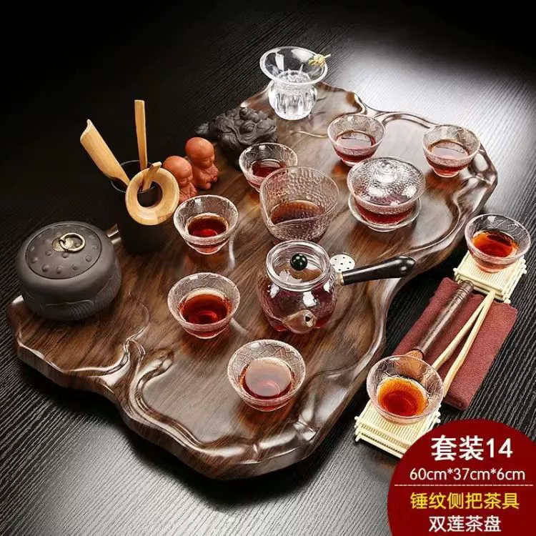 Glass tea set from natural wood for office, simple and elegant design