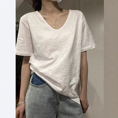 竹节棉V领短袖T恤女夏季薄款白色打底衫宽松显瘦半袖体恤上衣服潮