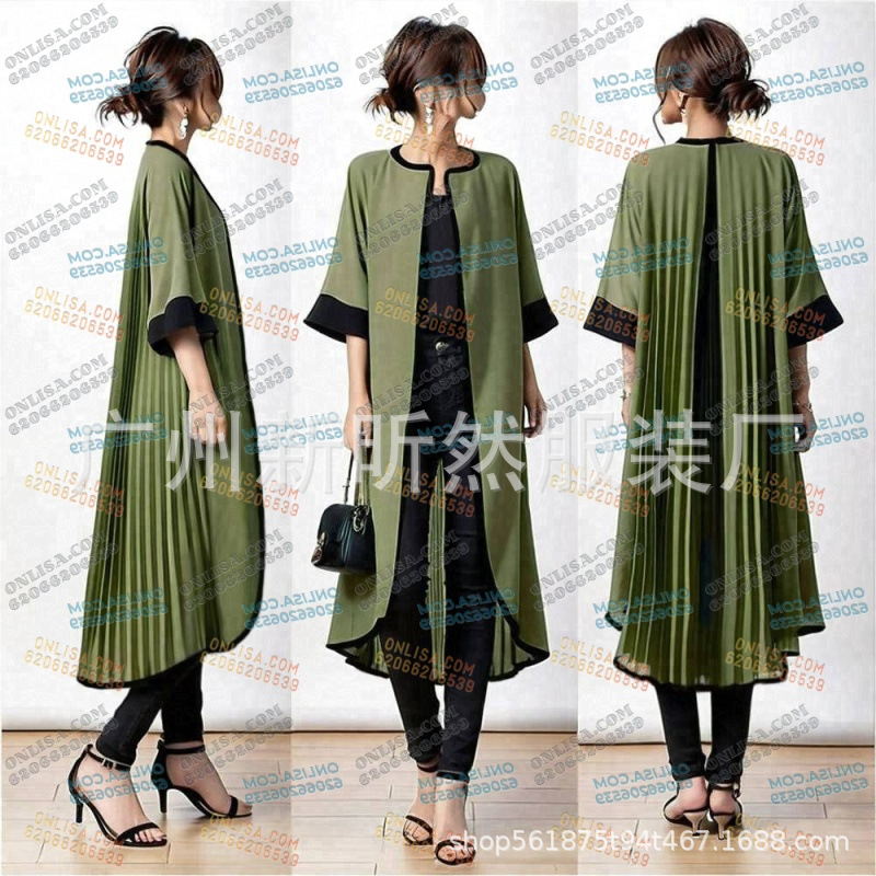 2026년 해외 직구 여름 히트 상품, 새로운 패션 스타일의 컬러 블록 주름 장식 롱 가디건 코트 쉬폰 셔츠