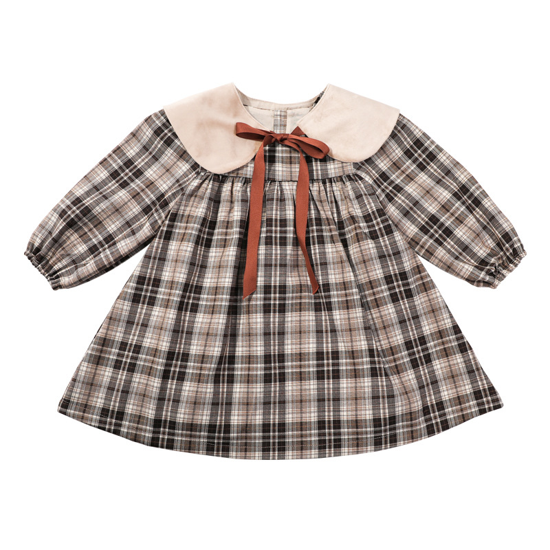 Girls Sprig ad 2023 New Baby Fashioable Autum Childre's Doll Neck Checkered Pricess Dress_voghion.com
