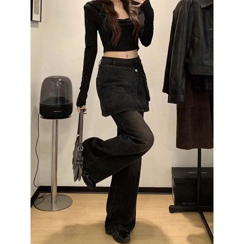 Stylish and Unique Niche Faux Two-Piece Vintage Distressed Jeans, Slimming for Petite Figures, Loose Straight Wide-Leg Pants Stylish and Unique Niche Faux Two-Piece Vintage Distressed Jeans, Slimming for Petite Figures, Loose Straight Wide-Leg Pants