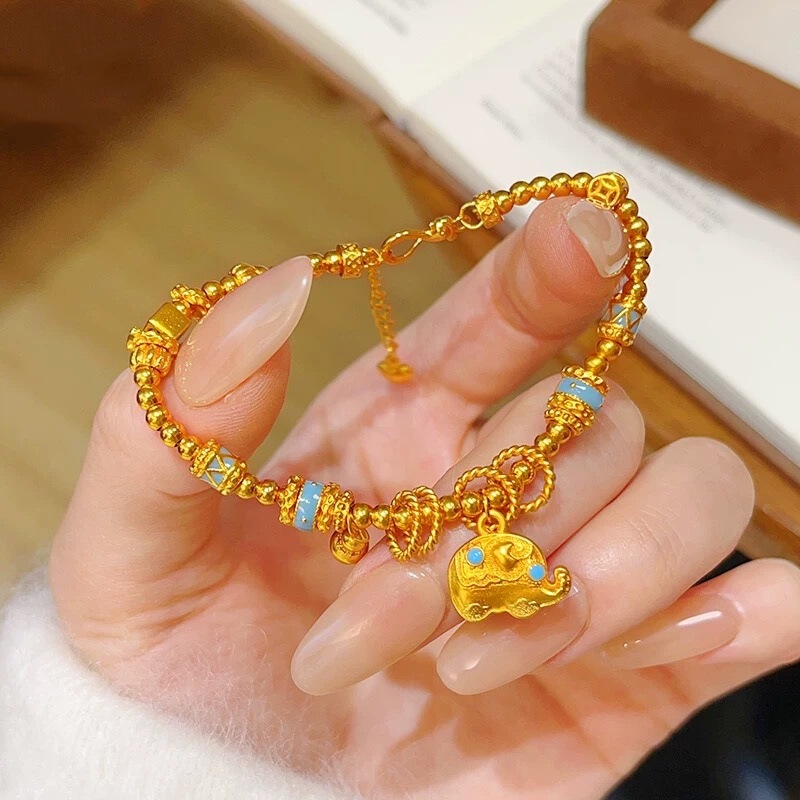 Gold Shop Same Style Gold-Plated Enamel Colorful Elephant Bead Wrap Bracelet, New Chinese Style Cute Design Bracelet
