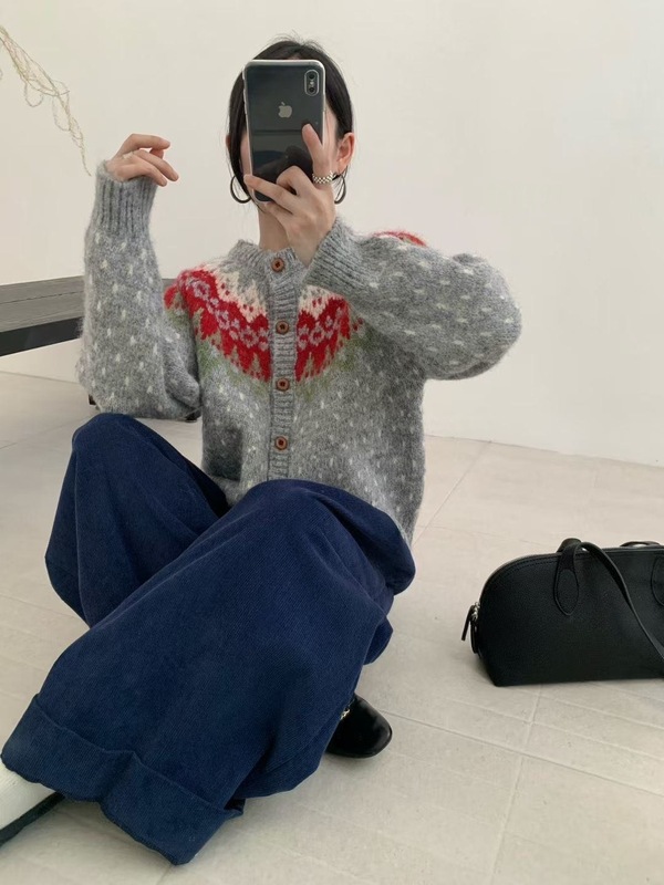 韩系费尔岛撞色提花红色毛衣外套女秋冬新款宽松百搭针织开衫1300|undefined