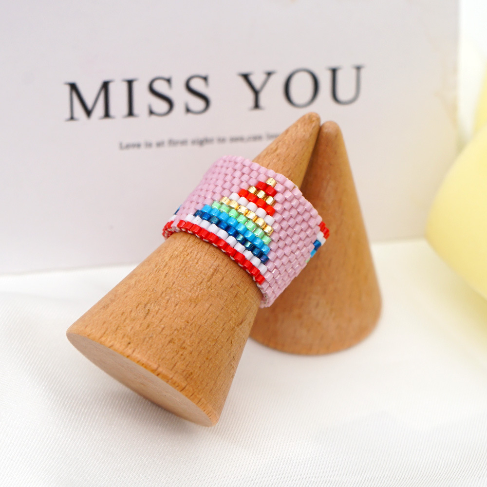 Fashion Hand-woven Beaded Pink Rainbow Ring display picture 2